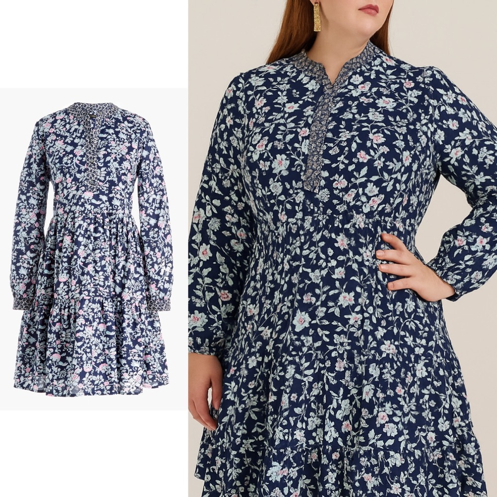 J. Crew Navy Floral Long-Sleeve Tiered Midi Dress